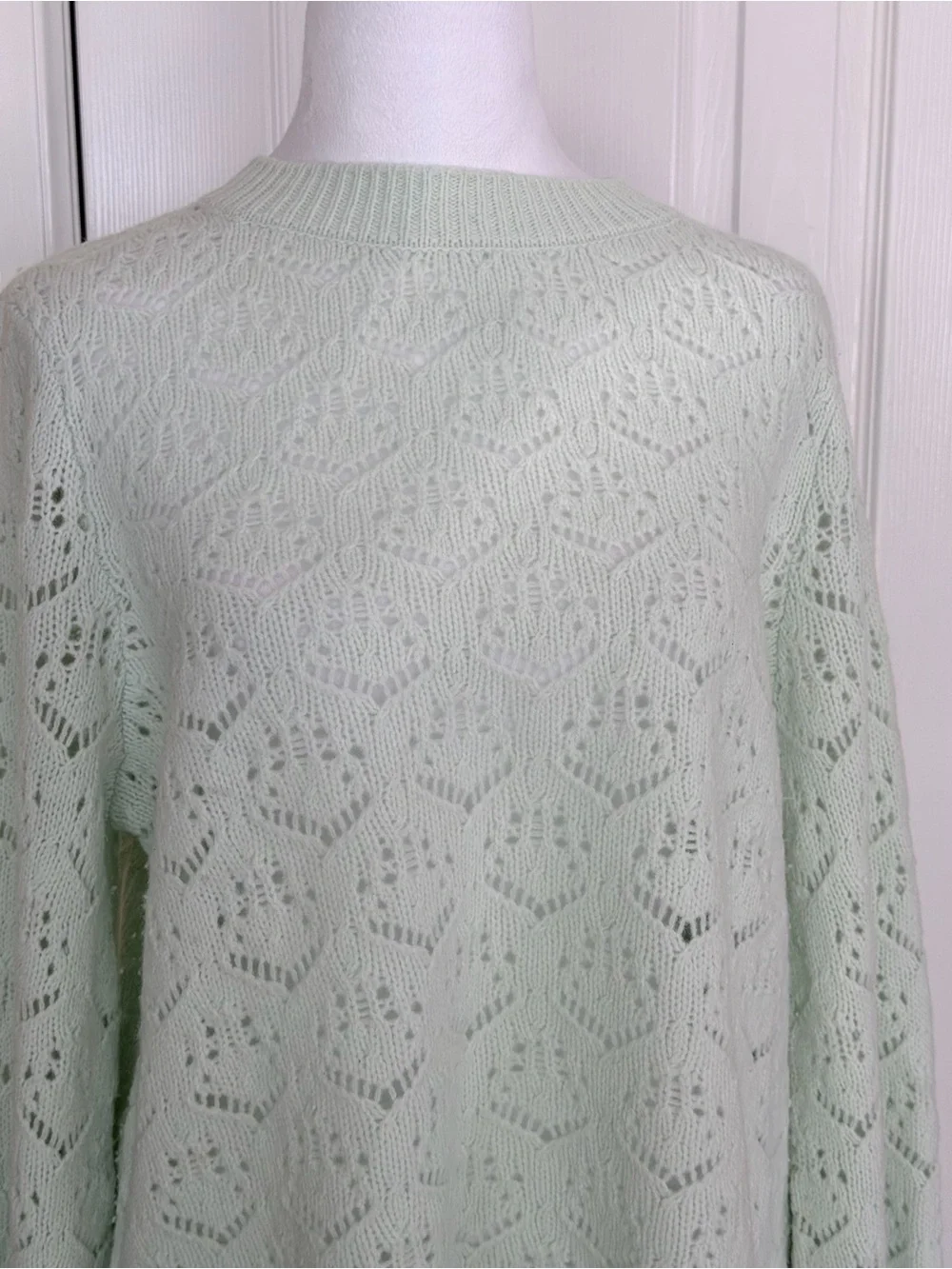 J.Crew 100% Merino Wool Pointelle Knit Sweater Mint Green Wide Sleeves Large